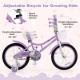 Adjustable 18-inch girl bike with basket, height-adjustable seat and handlebar, designed for kids aged 4-8 years.