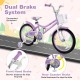 18-inch girl bike in purple with detachable training wheels, dual brake system, and removable basket for kids aged 4-8.