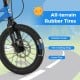 Close-up of 16-inch kids bike with all-terrain rubber tires, featuring a rubber outer and tire chafing strip for.
