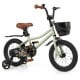 14-inch kids bike in green with adjustable seat, training wheels, and dual brake system for ages 3-5 years.