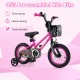 12-inch kids bike in pink with front basket, dual brakes, adjustable seat, and removable training wheels for ages 3-4.