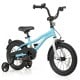 14-inch kids bike in blue with training wheels, adjustable seat, dual brakes, and anti-puncture tires for safety.