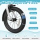 Close-up of 14-inch kids bike tire showcasing anti-puncture multi-layered design with rubber outer and protective layer.