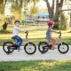Two kids riding 18-inch pink bicycles with training wheels, featuring adjustable seats and dual brake systems for.
