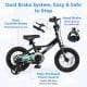 12-inch kids bike with adjustable saddle, hand brake, and training wheels for safe riding and easy stopping.