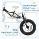 Close-up of the 12-inch kids bike's high-strength metal frame and wide pneumatic tires for stability and safety.