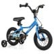 Blue 12-inch kids bike with removable training wheels, adjustable saddle, and hand brake for ages 3-4 years old.