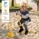 Yellow sand digger for kids with adjustable arms, flexible shovel, and 360-degree swivel for outdoor play.