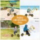 Yellow sand digger for kids with flexible shovel, shown in seasonal play: spring, summer, fall, and winter fun.