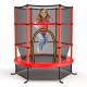 Kids jumping on a 55-inch red trampoline with enclosure net, featuring L-shaped legs for stability and safety.