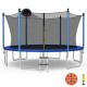 12 ft outdoor trampoline with ladder, enclosure net, and basketball hoop for safe recreational fun.