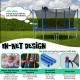 12 ft outdoor trampoline with enclosure net, safety buckles, and foam covers for secure, impact-resistant play.