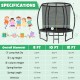 8-foot ASTM approved trampoline with safety enclosure net, padded poles, and ladder for secure recreational fun.