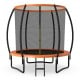 8-foot orange recreational trampoline with safety enclosure net, ladder, and padded poles for secure jumping fun.