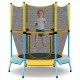 Toddler trampoline with safety enclosure net in yellow, featuring curved legs and padded handles for stability and.