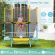 Toddler trampoline with safety enclosure net in yellow, featuring curved legs and child-friendly bungees for safe.