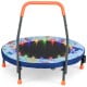 Mini trampoline for kids with LED lights, padded safety cover, and foam handrail, perfect for compact spaces.