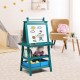 Double-sided green art easel with storage, featuring a whiteboard, chalkboard, and two removable bins for kids' art.