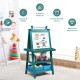 Double-sided green art easel with magnetic whiteboard and chalkboard, featuring storage trays and bins for kids' art.