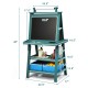 Double-sided green art easel with chalkboard and whiteboard, featuring storage trays and bins for kids' art supplies.