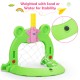 Kids 3-in-1 basketball hoop set in frog design, made of non-toxic materials, adjustable height for ages 3-8, stable.