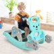 Toddler sitting on a blue 4-in-1 rocking horse and slide playset, made of safe HDPE material for fun and development.
