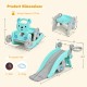 Product dimensions of the blue 4-in-1 toddler slide and rocking horse playset, showing weight capacity and accessory.