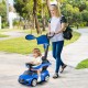 Blue 3-in-1 Mercedes-Benz licensed push car with canopy, suitable for toddlers aged 18-36 months, being used outdoors.