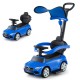 Blue 3-in-1 ride-on push car with canopy, featuring Mercedes-Benz design, steering wheel, and under-seat storage for.