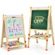 Double-sided kids art easel with blackboard and whiteboard, adjustable height, and storage tray for drawing supplies.