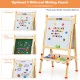Kids art easel featuring a double-sided whiteboard and blackboard, adjustable height, and paper roll for creative play.