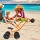 Heavy duty kid ride-on sand digger with sturdy steel frame and 360-degree rotatable seat for beach play.