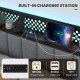 Built-in charging station with 2 AC outlets and 2 USB ports on the upholstered headboard of the twin bed frame.