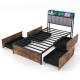 Twin bed frame with upholstered headboard, LED lights, and 4 storage drawers in rustic wood grain finish.