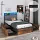 Twin bed frame with LED lights, upholstered headboard, and 4 storage drawers in rustic wood grain finish for stylish.