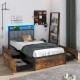Twin bed frame featuring a stylish upholstered headboard and customizable LED lights with four spacious storage drawers.