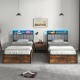 Side view of twin bed frame showcasing the upholstered headboard and rustic wood grain finish with LED lighting.