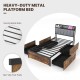 Twin bed frame with upholstered headboard, LED lights, and four storage drawers in rustic wood grain finish.