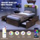 Twin bed frame with customizable RGB LED lights, upholstered headboard, and four storage drawers for stylish.