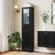 Tall black floor storage cabinet with a drawer and frosted glass door, designed for stylish bathroom storage and.