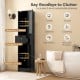 Tall black floor storage cabinet with two doors and one drawer, featuring adjustable shelves for bathroom organization.
