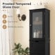 Tall black floor storage cabinet with frosted tempered glass door, featuring 2 cabinets and 1 drawer for bathroom.