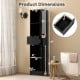 Dimensions of the tall black floor storage cabinet with adjustable shelves and a drawer, designed for compact bathroom.