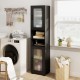 Tall black bathroom storage cabinet with fluted doors, featuring 2 cabinets and 2 open shelves for versatile.