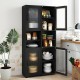Tall black bathroom storage cabinet with open shelves and fluted doors, designed for stylish organization in any room.
