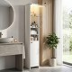 Tall white bathroom storage cabinet with LED lights, adjustable shelves, and a push-to-open glass door for easy access.