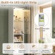 Tall bathroom storage cabinet in white with built-in LED lights, adjustable shelves, and remote control for versatile use.