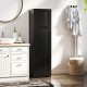 Tall black storage cabinet with 4 shelves, ideal for bathroom or living room, featuring soft-close hinges and anti-tip.
