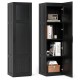 Tall black storage cabinet with 4 shelves, soft-close hinges, and sleek handle, ideal for bathrooms and living rooms.