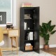 Tall black storage cabinet with 4 shelves, ideal for corners in bathrooms or living rooms, featuring soft-close hinges.